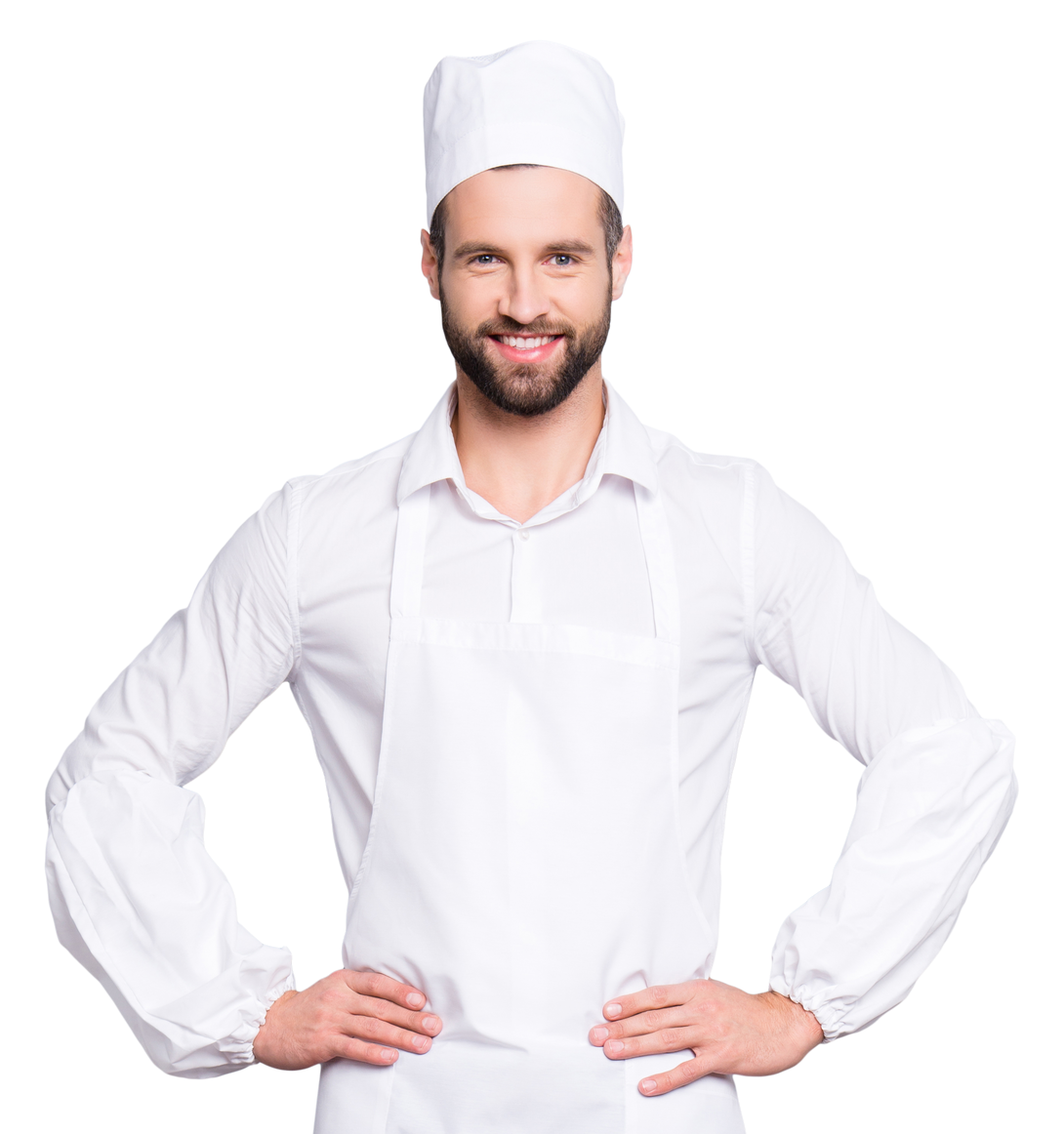 Chef souriant en uniforme blanc et chapeau, les mains sur les hanches.