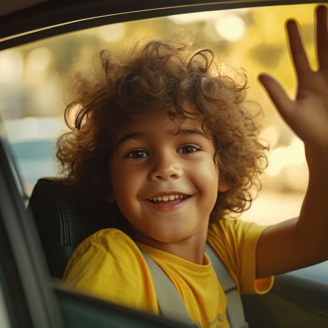 Enfant saluant dans une voiture