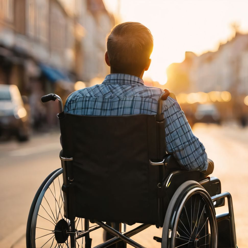 Homme en fauteuil regardant la route