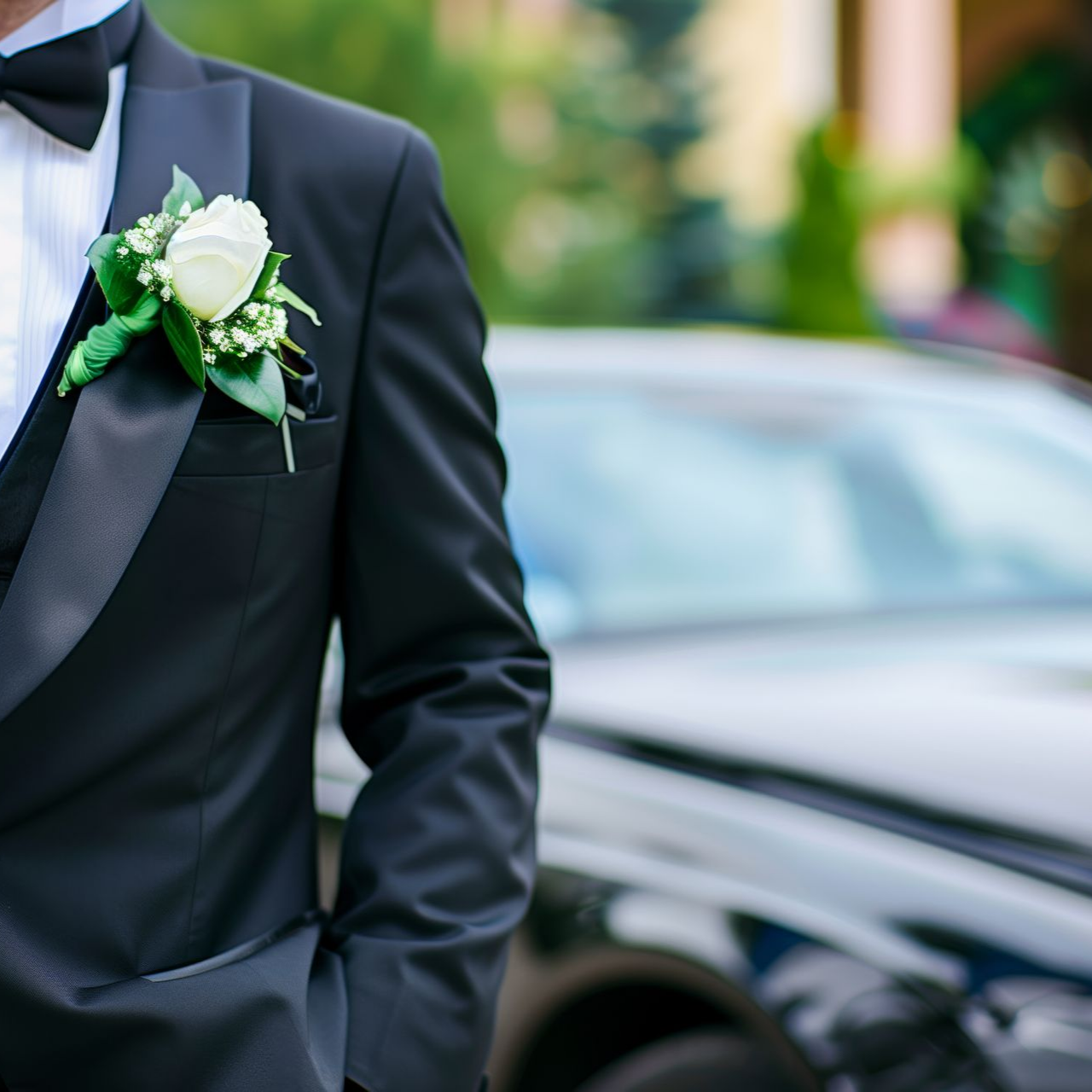 Homme en costume de mariage devant une voiture
