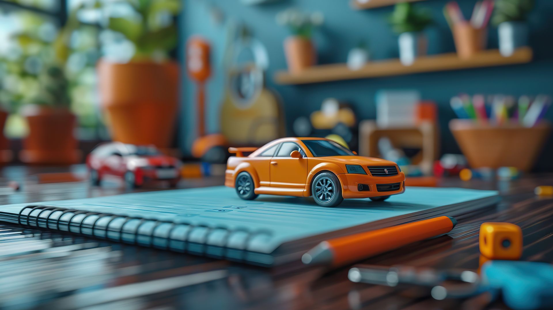 Une petite voiture orange posée sur un cahier d'écolier