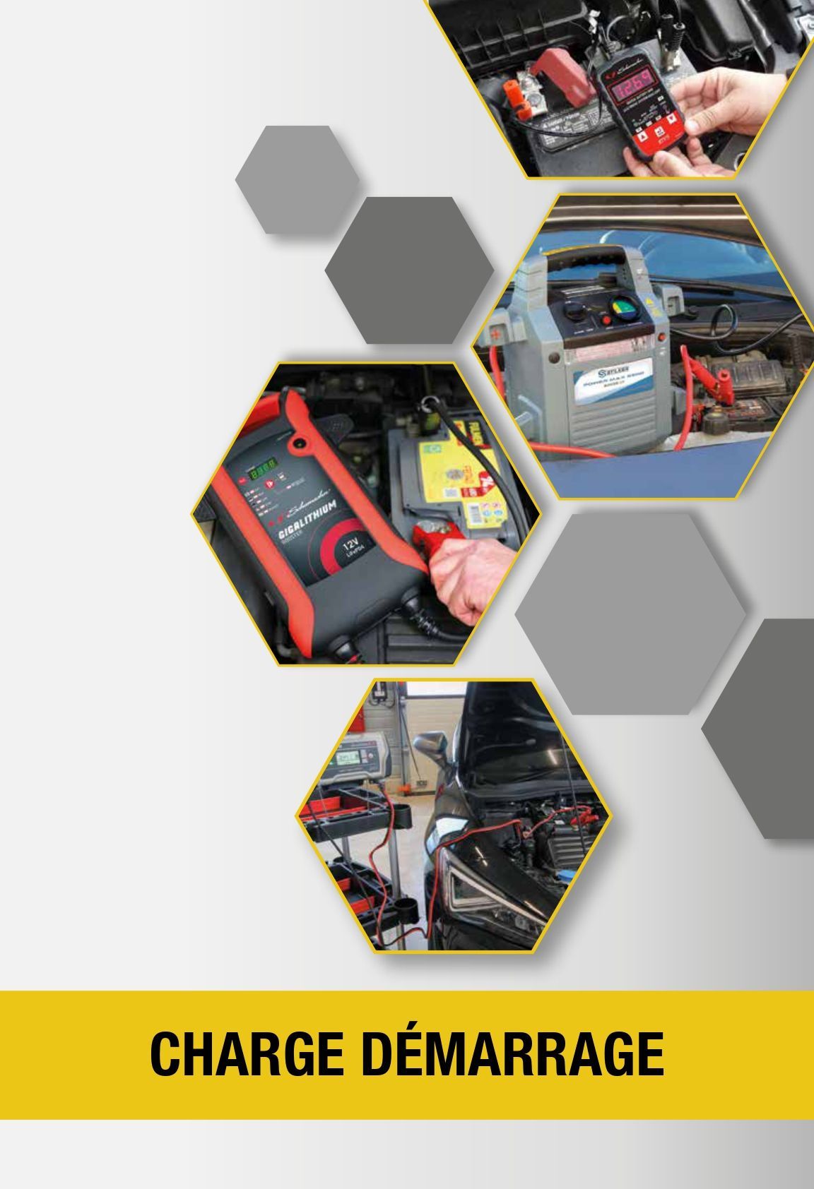 Collage de scènes de recharge de batteries de véhicules avec une bannière jaune portant l’inscription « CHARGE DÉMARRAGE »