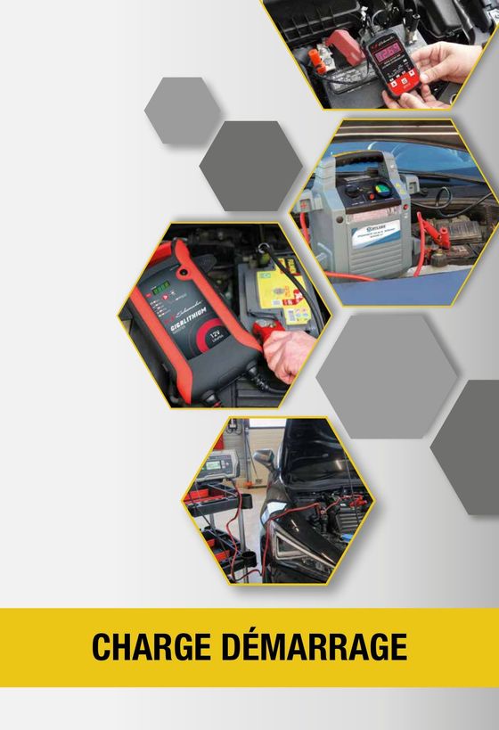 Collage de scènes de recharge de batteries de véhicules avec une bannière jaune portant l’inscription « CHARGE DÉMARRAGE »