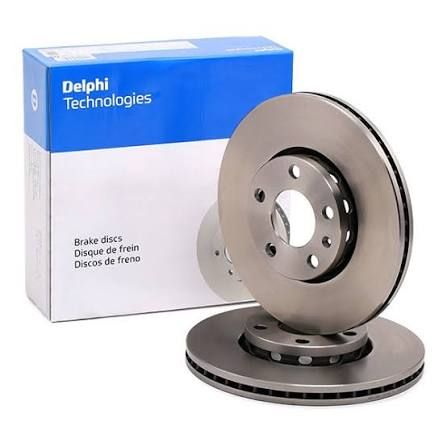 Boîte de disques de frein Delphi Technologies avec deux disques de frein de voiture argentés sur fond blanc