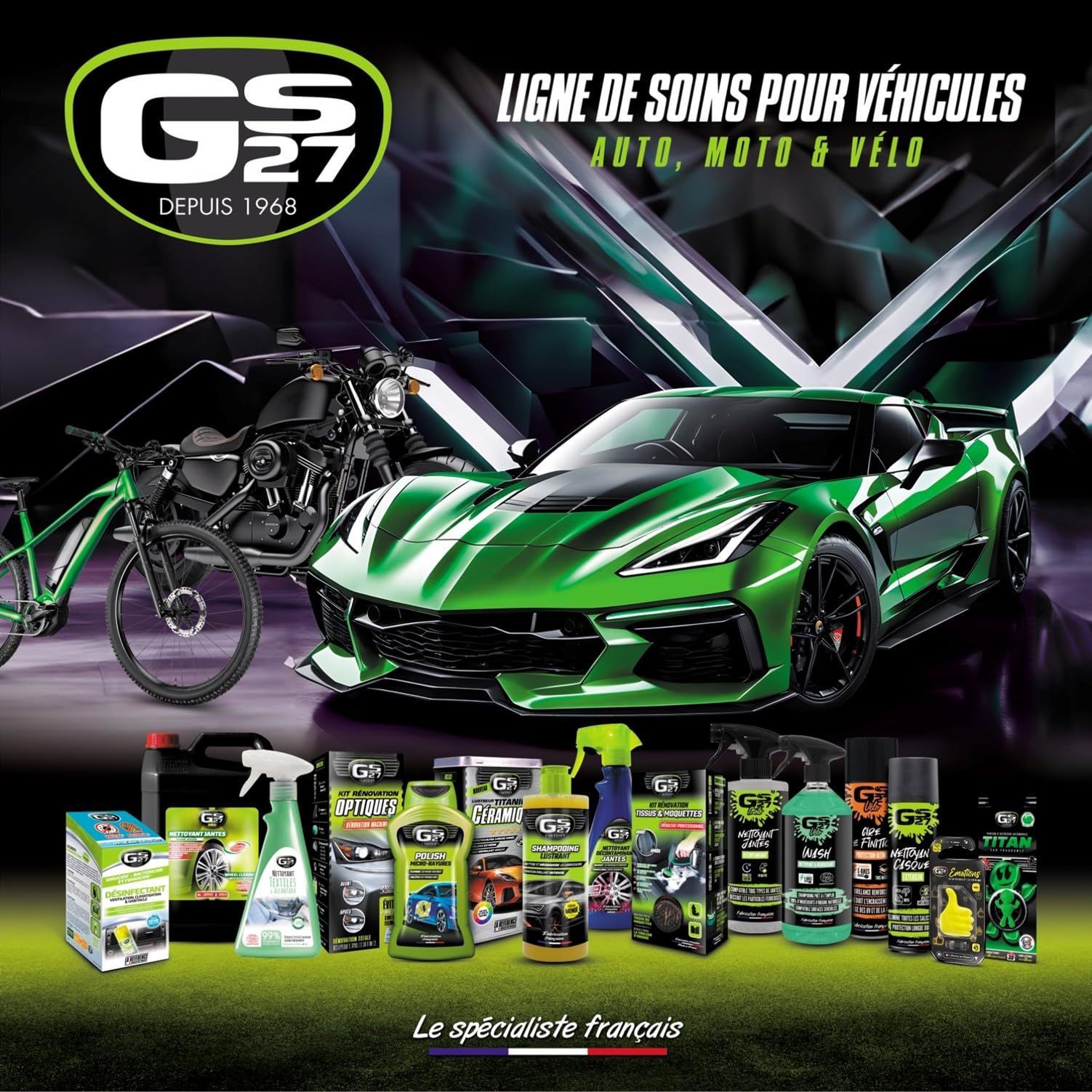 Produits d’entretien automobile G27 avec une voiture de sport verte et une moto sur un fond noir néon