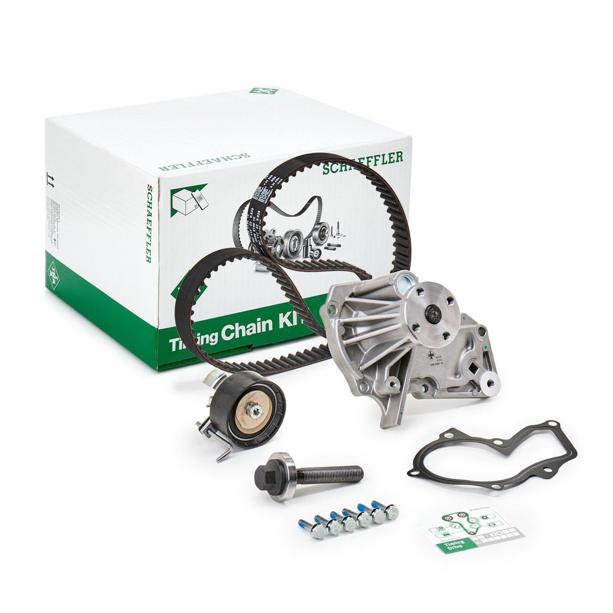 Kit de chaîne de distribution avec boîte, chaîne, pignon, tendeur, joint, boulons et pièces associées sur fond blanc