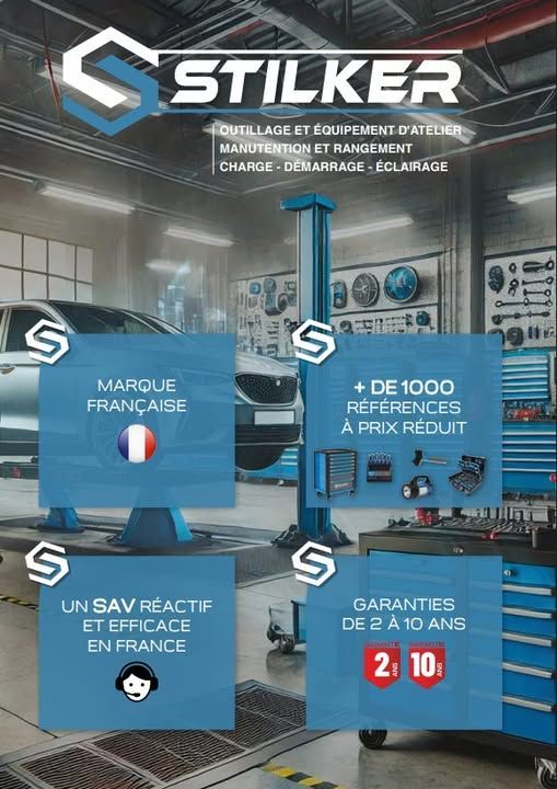 Publicité de marque STILKER avec un drapeau français, des panneaux de produits et des icônes de garantie sur un fond industriel bleu