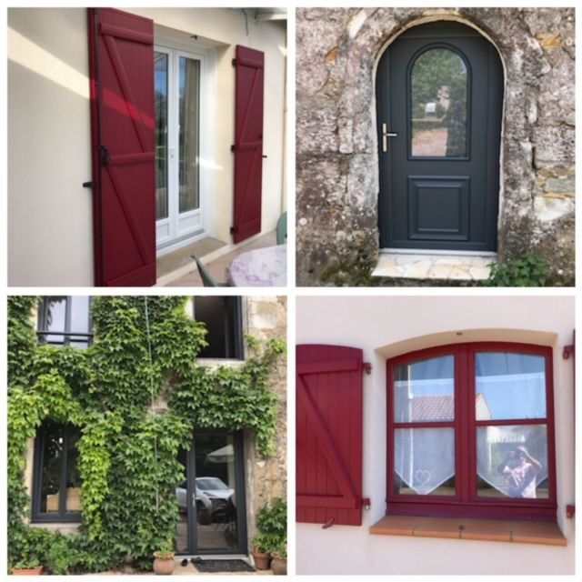 Un collage de quatre photos mettant en valeur les caract&eacute;ristiques ext&eacute;rieures de la maison, notamment des volets rouges, une porte cintr&eacute;e sombre et des murs recouverts de lierre.