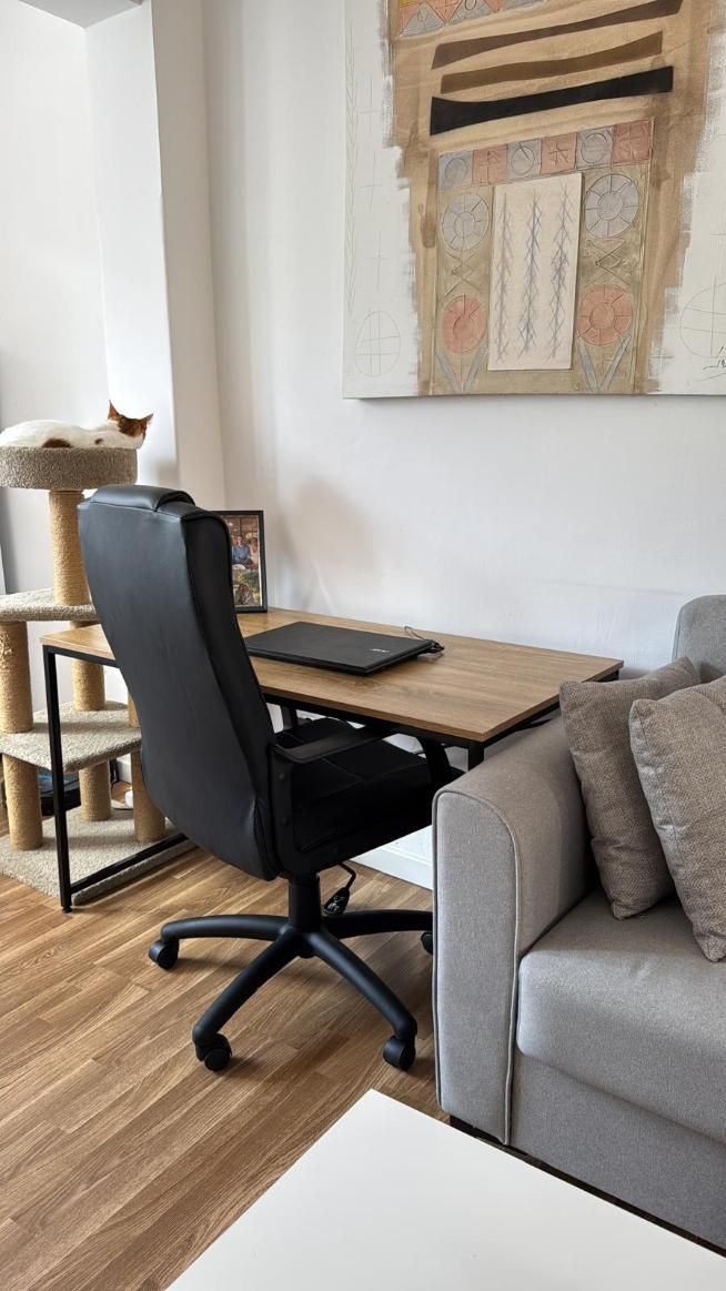 Oficina en casa con escritorio, silla, sofá y árbol para gatos. 
