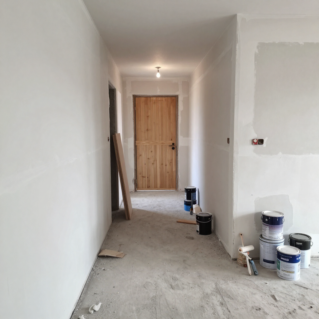 Un estrecho pasillo blanco en obras, con cubos de pintura, herramientas y una puerta de madera al final.