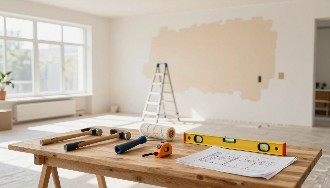 Materiales de pintura sobre una mesa de madera en una habitación luminosa, con una escalera y una pared lista para pintar.