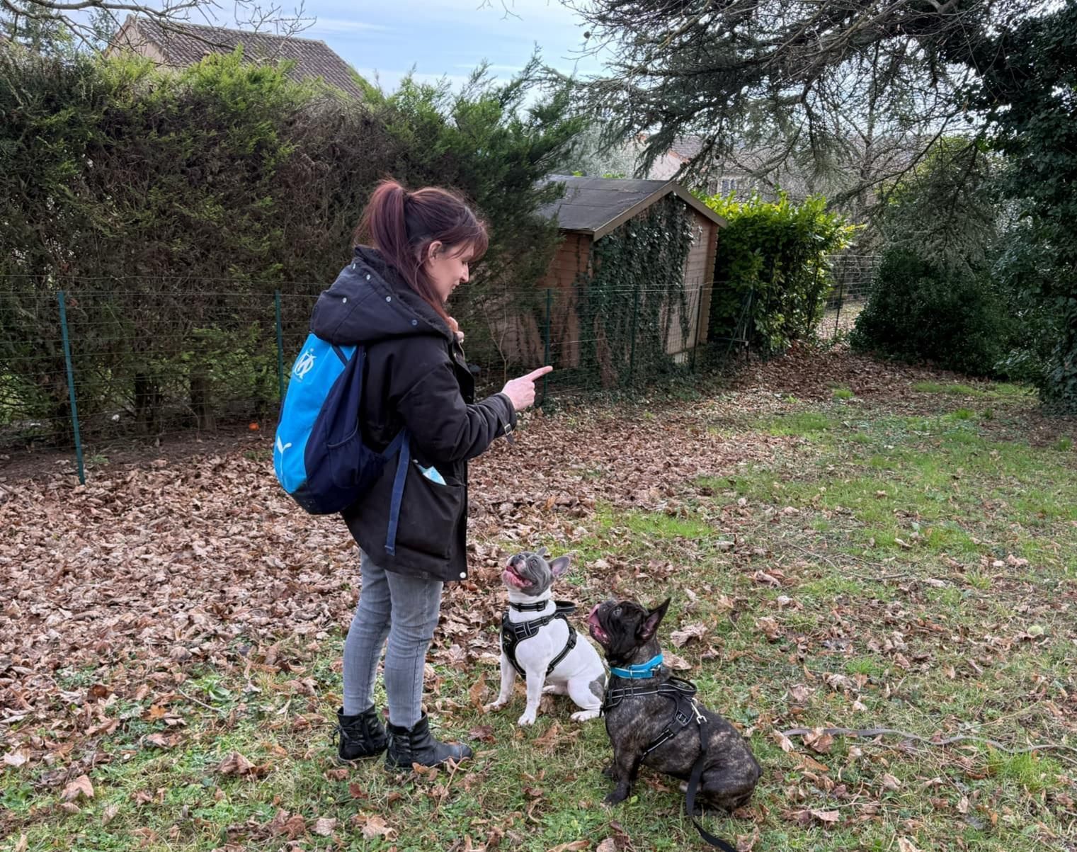 Une femme avec un sac à dos entraîne deux bouledogues français à l'extérieur.