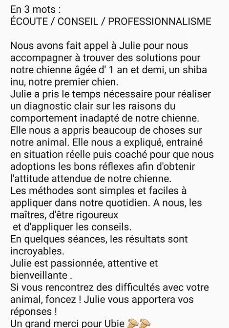 Témoignage sur la comportementaliste canine Julie 