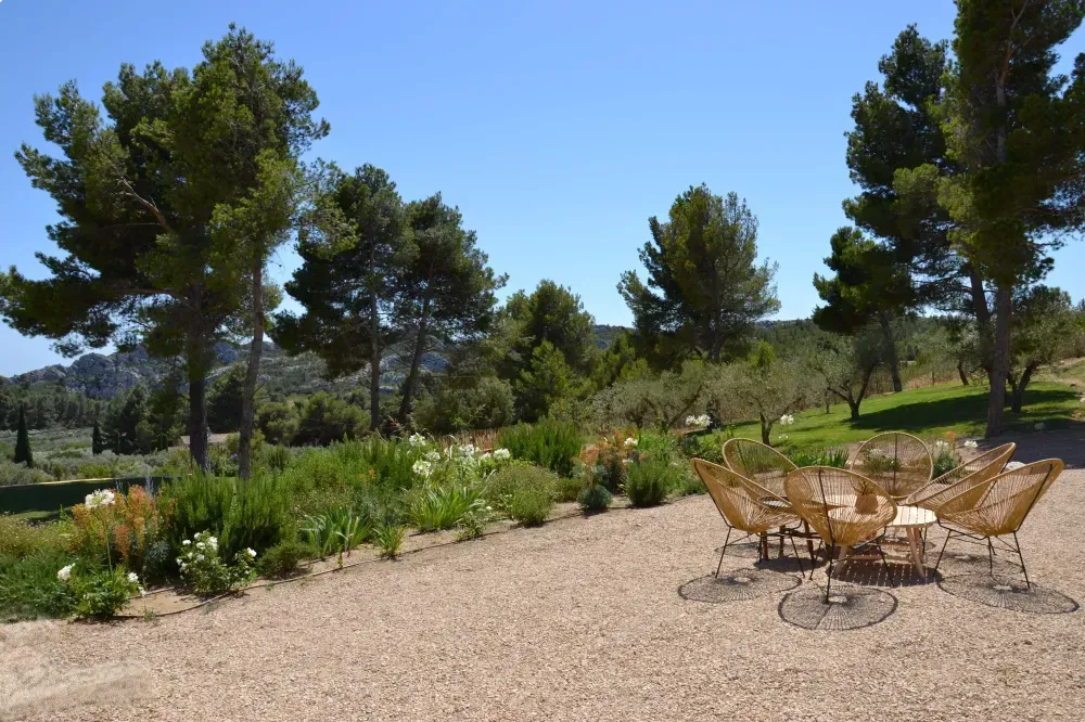Terrasse extérieure avec des chaises et des tables en osier, près d’un jardin et de pins, sous un ciel bleu dégagé
