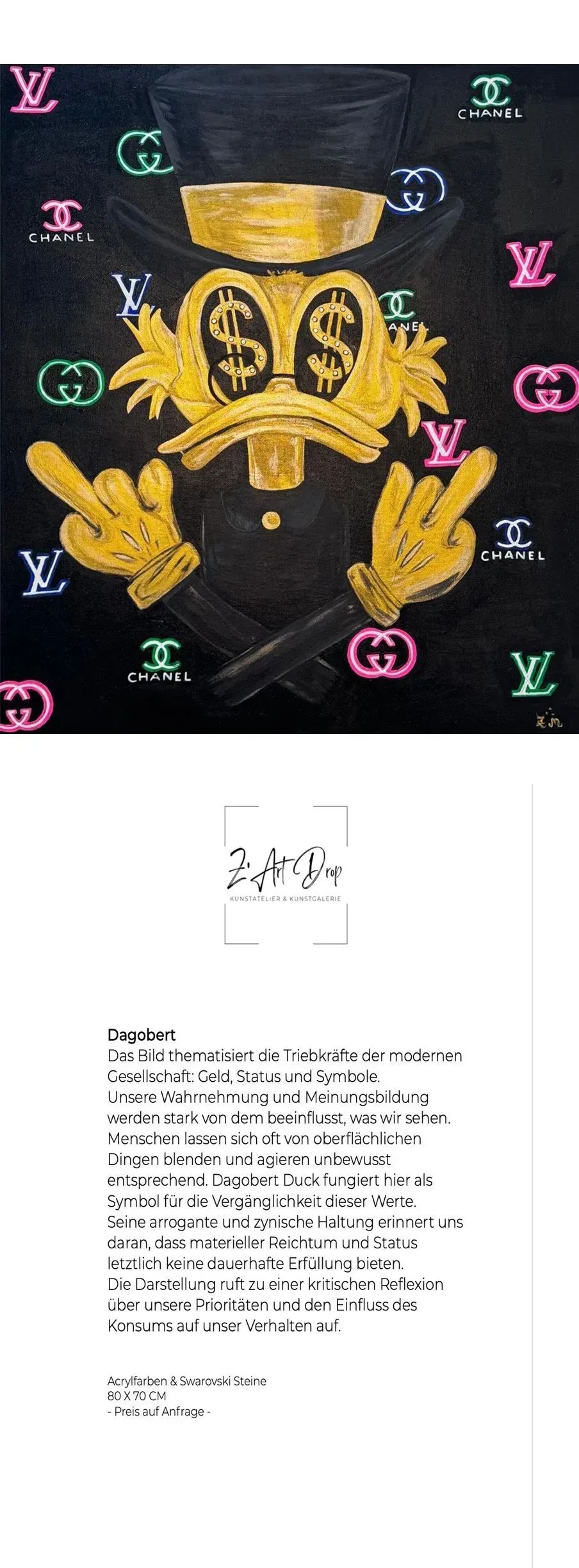 Gelbe Dagobert-Figur mit Dollarzeichen als Augen, schwarzer Zylinder und Anzug.