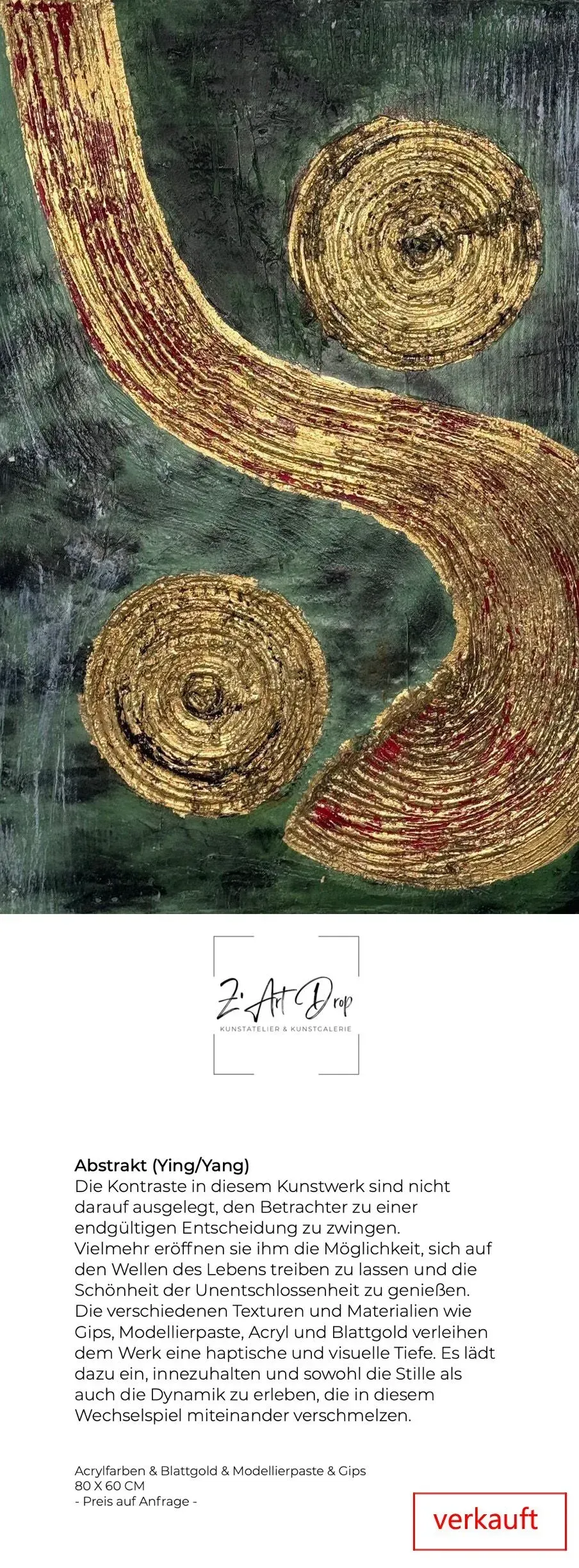 Abstrakte Darstellung mit zwei goldfarbenen Spiralen und einem geschwungenen goldfarbenen Band auf grünem Hintergrund.