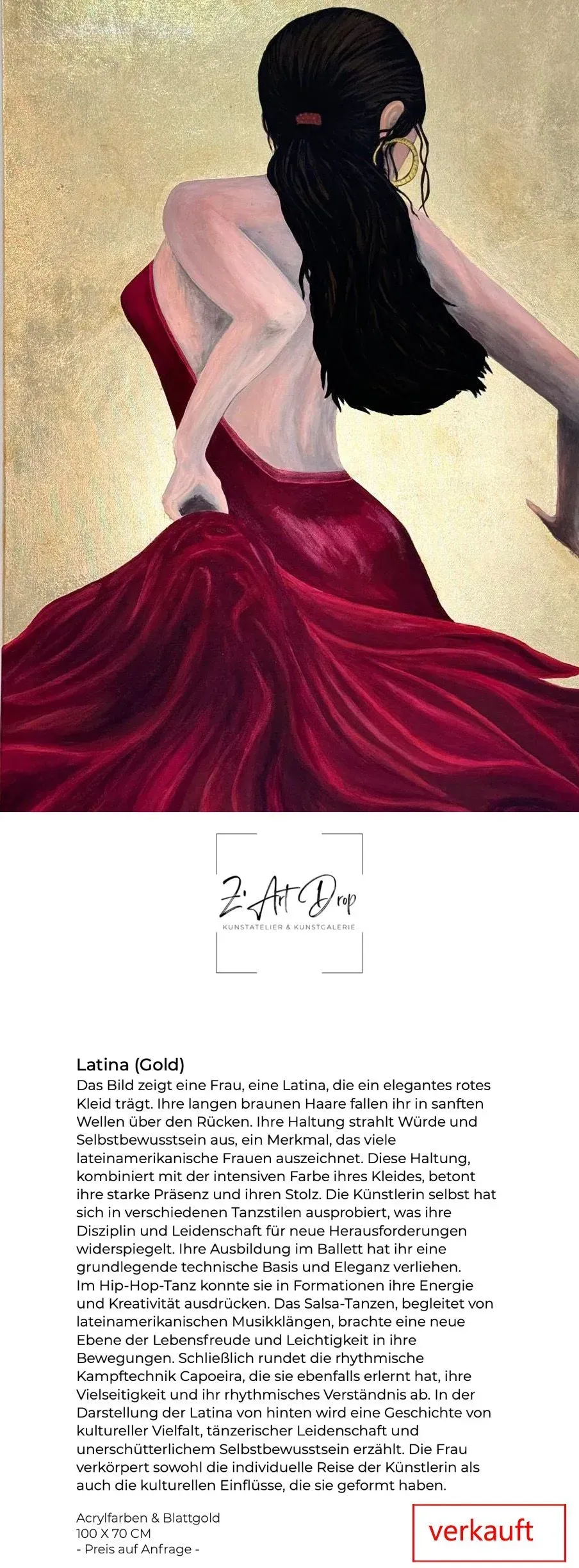 Frau mit langem schwarzen Haar und roten Ohrringen, die ein rotes, elegantes Kleid trägt.