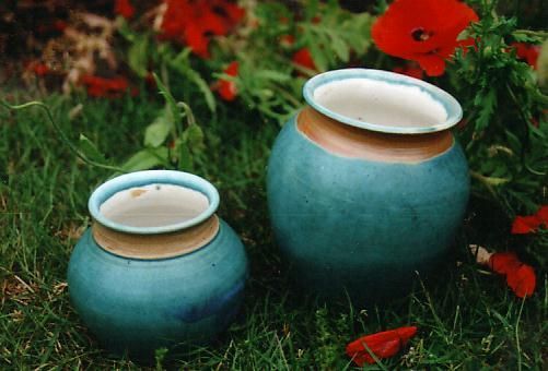 Zwei blaue Vasen stehen im Gras, im Hintergrund sind rote Blumen.