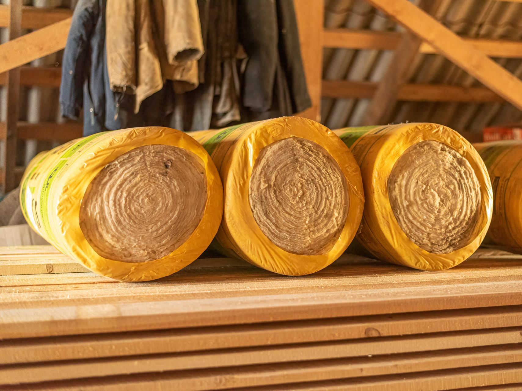 Rouleau d'isolant posé dans les combles d'une maison.