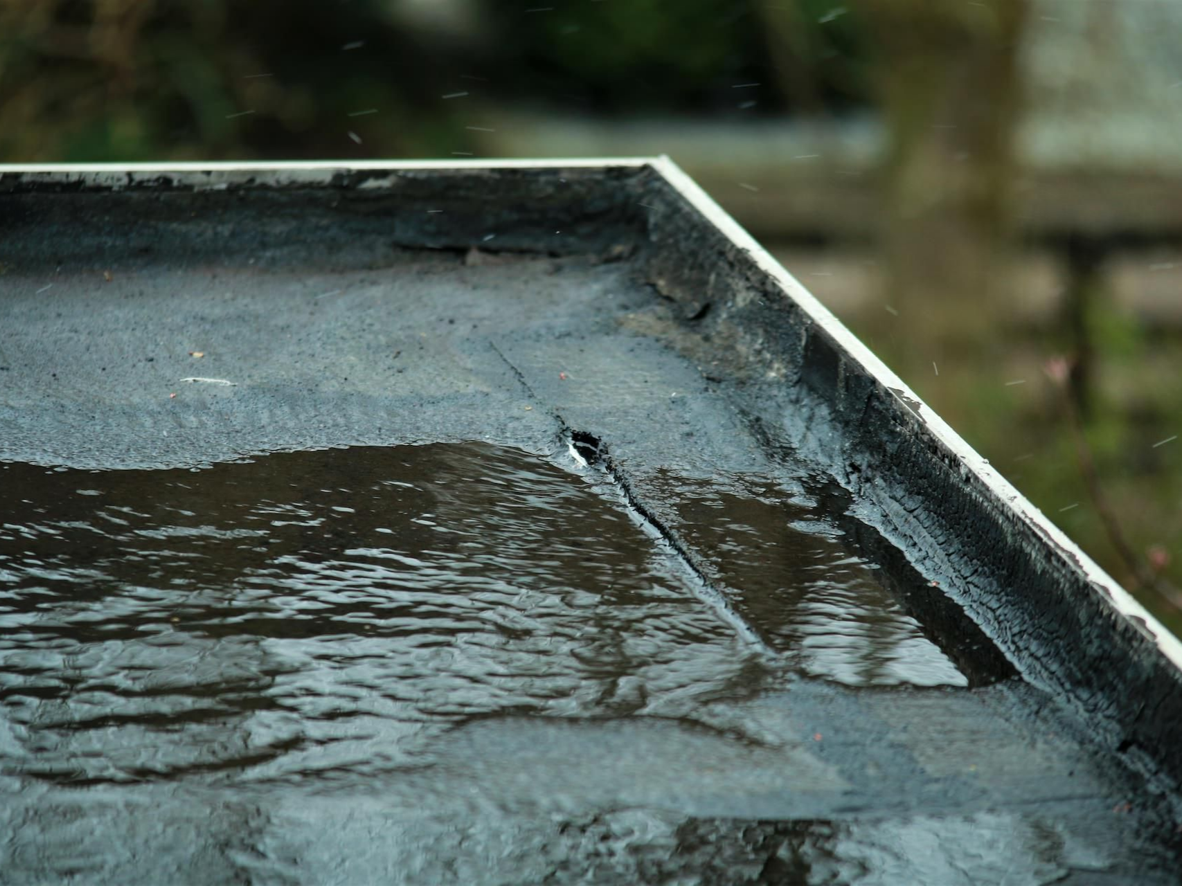 Gros plan sur un détail du toit plat avec l'eau stagnante.