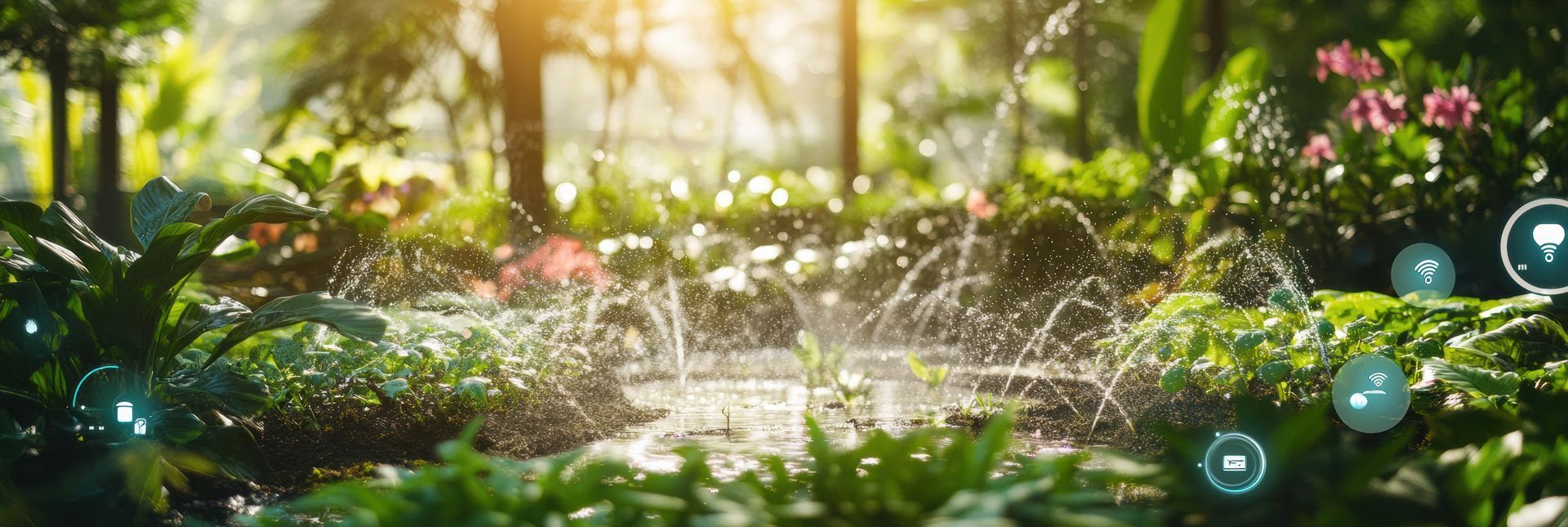 Ein Sprinkler versprüht Wasser in einem üppigen grünen Wald.
