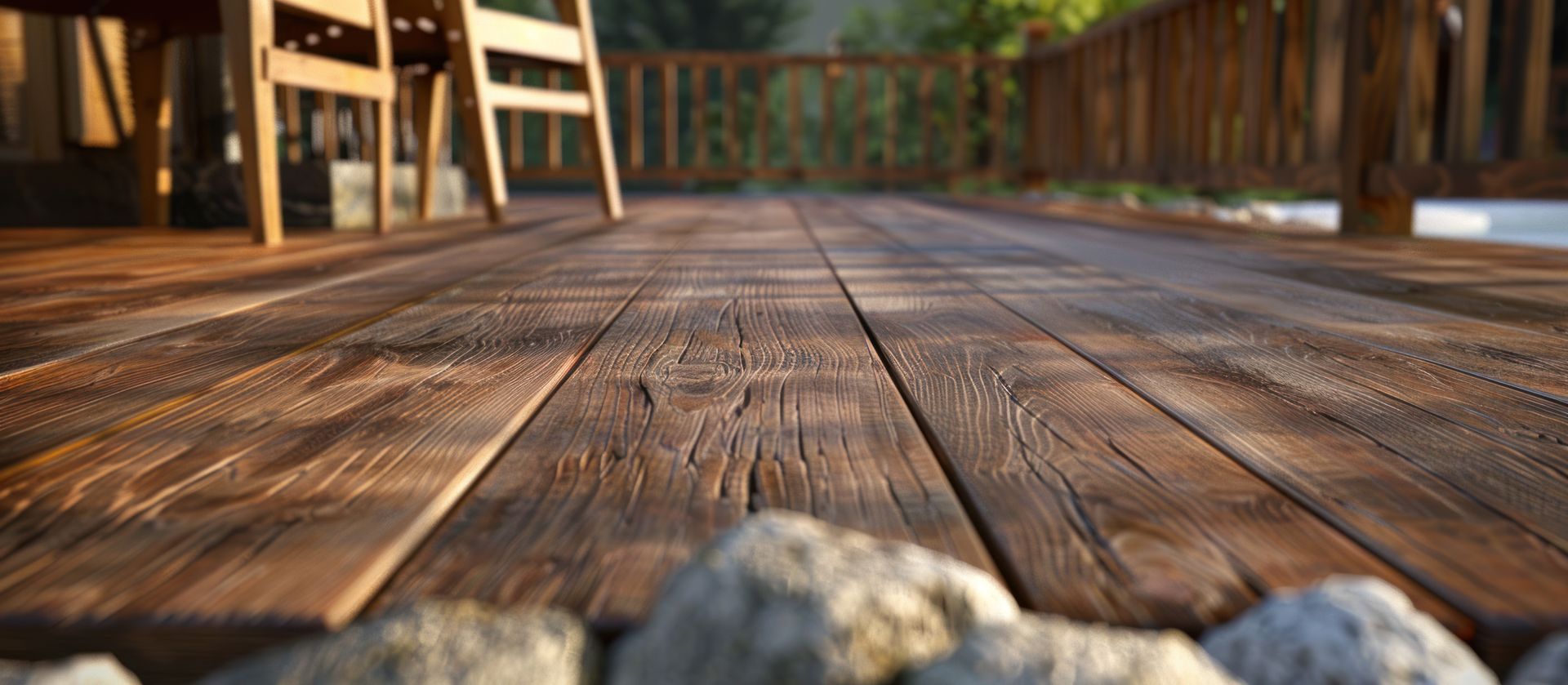 Eine Holzterrasse mit Stühlen und einem Zaun im Hintergrund.