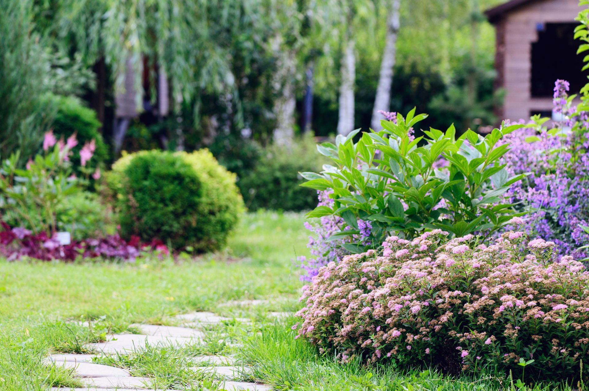 Ein Garten mit vielen Blumen und Pflanzen und einem Steinweg.