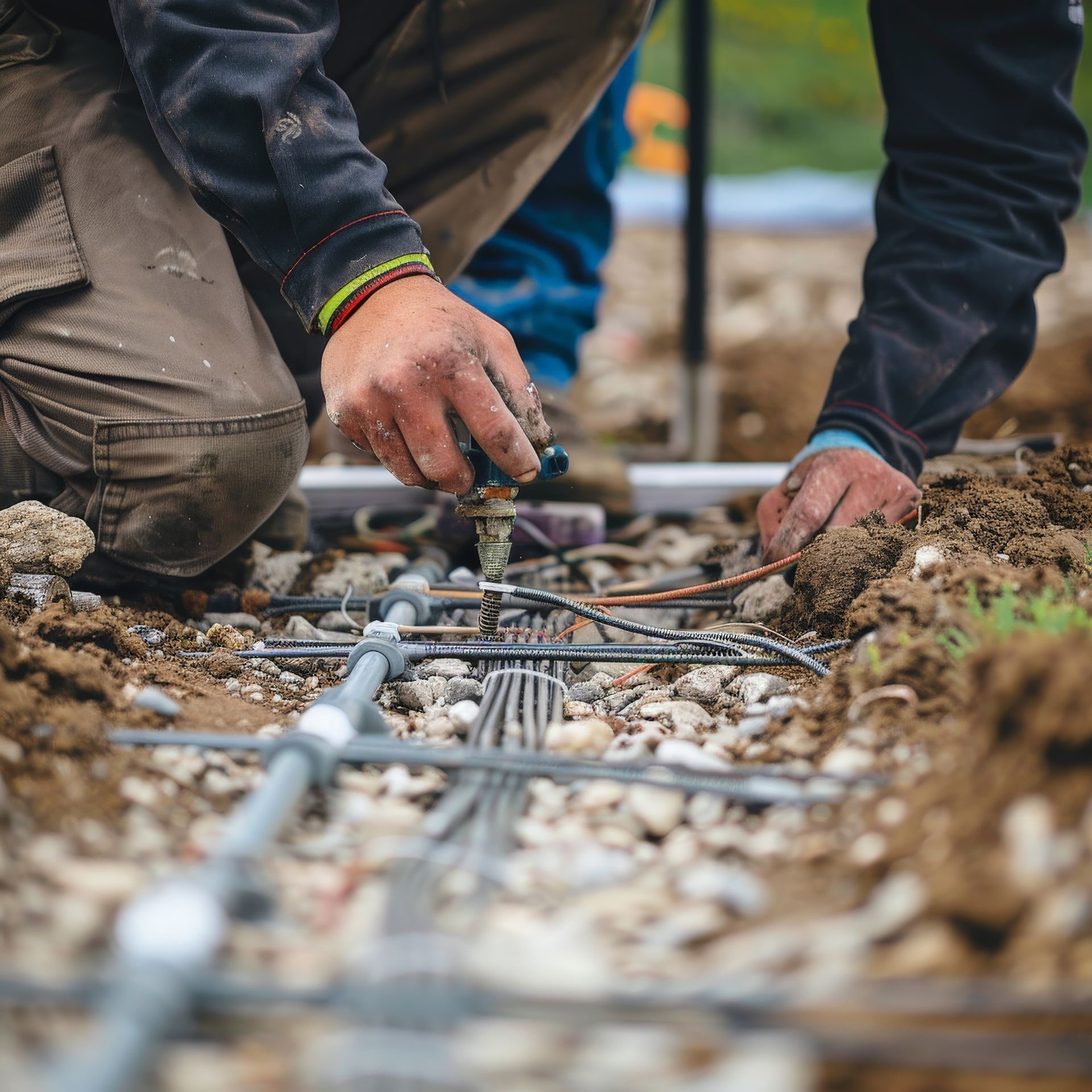 Ein Mann kniet im Dreck und arbeitet an Stromleitungen.