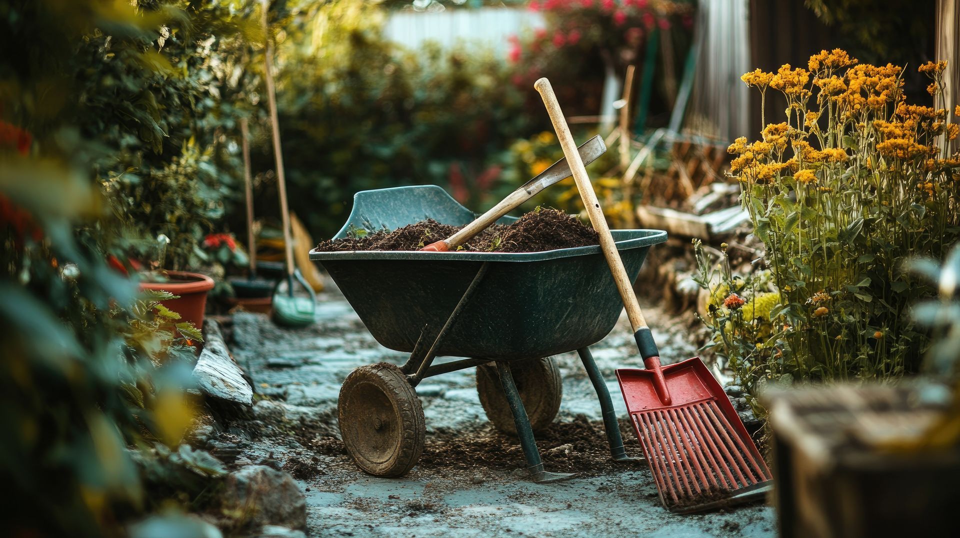 Ein großer, üppig grüner Rasen mit einem Holzzaun und einem Terrassenbereich.