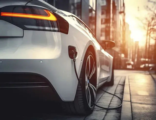 Un coche eléctrico blanco se está cargando en una calle de la ciudad.