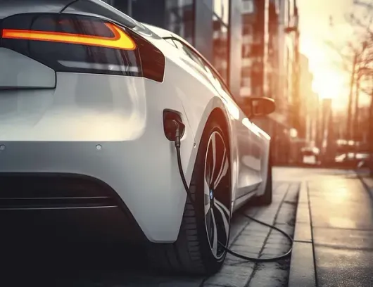 Un coche eléctrico blanco se está cargando en una calle de la ciudad.