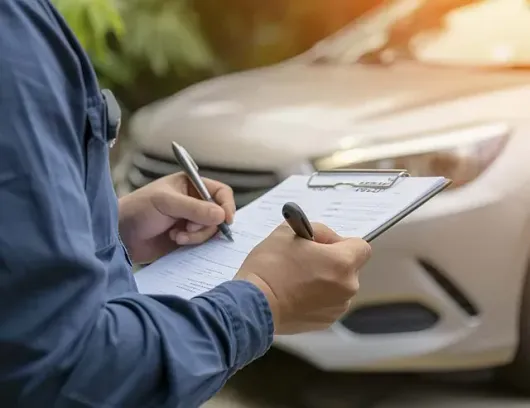Un hombre está escribiendo en un portapapeles delante de un coche.