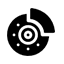 Un icono en blanco y negro de un disco de freno sobre un fondo blanco.