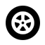 Un icono en blanco y negro de una rueda de automóvil sobre un fondo blanco.