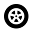 Un icono en blanco y negro de una rueda de automóvil sobre un fondo blanco.