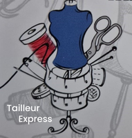 Un dessin d'un mannequin entouré de fournitures de couture et des mots tailleur express