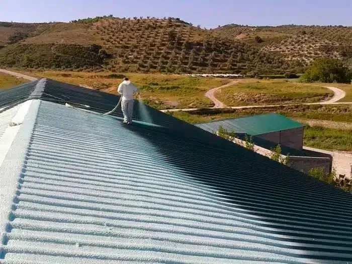 Un hombre está pintando el techo de un edificio con un pulverizador.