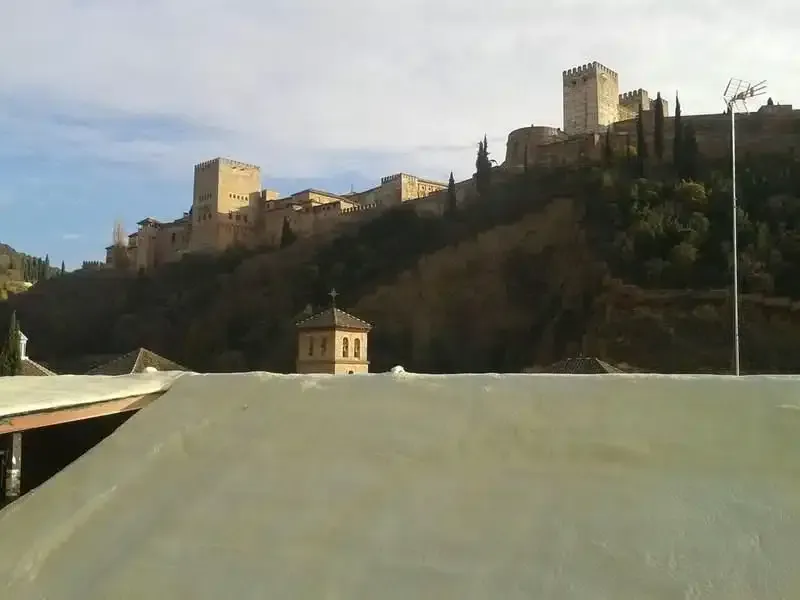 Una vista de un castillo desde el tejado de un edificio.