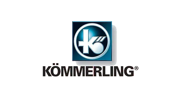 Un logotipo azul y blanco para kommerling sobre un fondo blanco