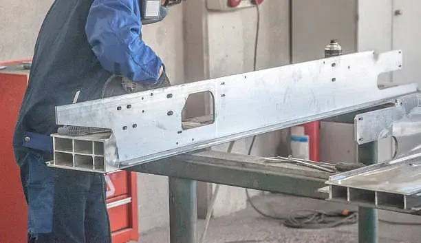Un hombre está soldando un trozo de metal en una mesa.