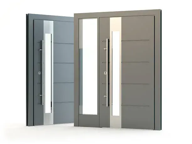Tres puertas de entrada modernas con tiradores de cristal y acero inoxidable sobre fondo blanco.