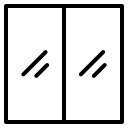 Un icono de puerta corrediza de vidrio en blanco y negro sobre un fondo blanco.