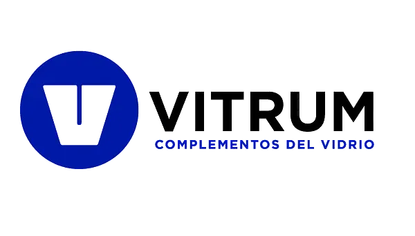 A blue and black logo for vitrum complementos del vidrio