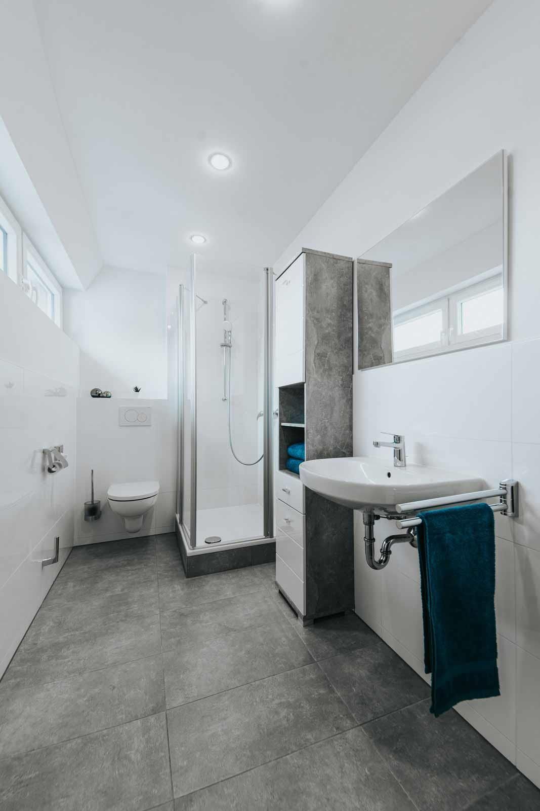 Ein Badezimmer mit Waschbecken, Toilette, Dusche und Spiegel.