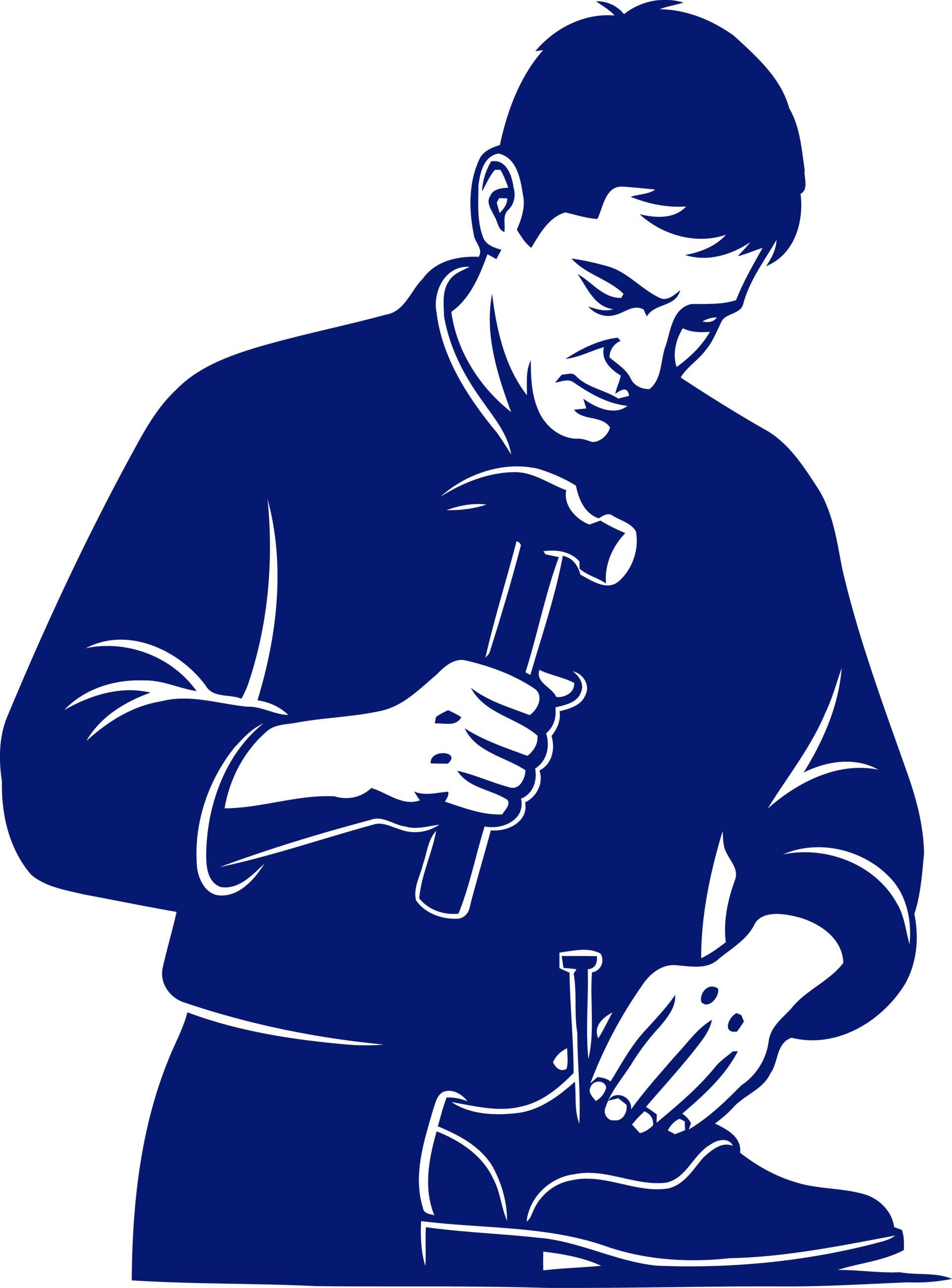 Un dessin en bleu et blanc représentant un cordonnier enfonçant un clou dans la semelle d'une chaussure.