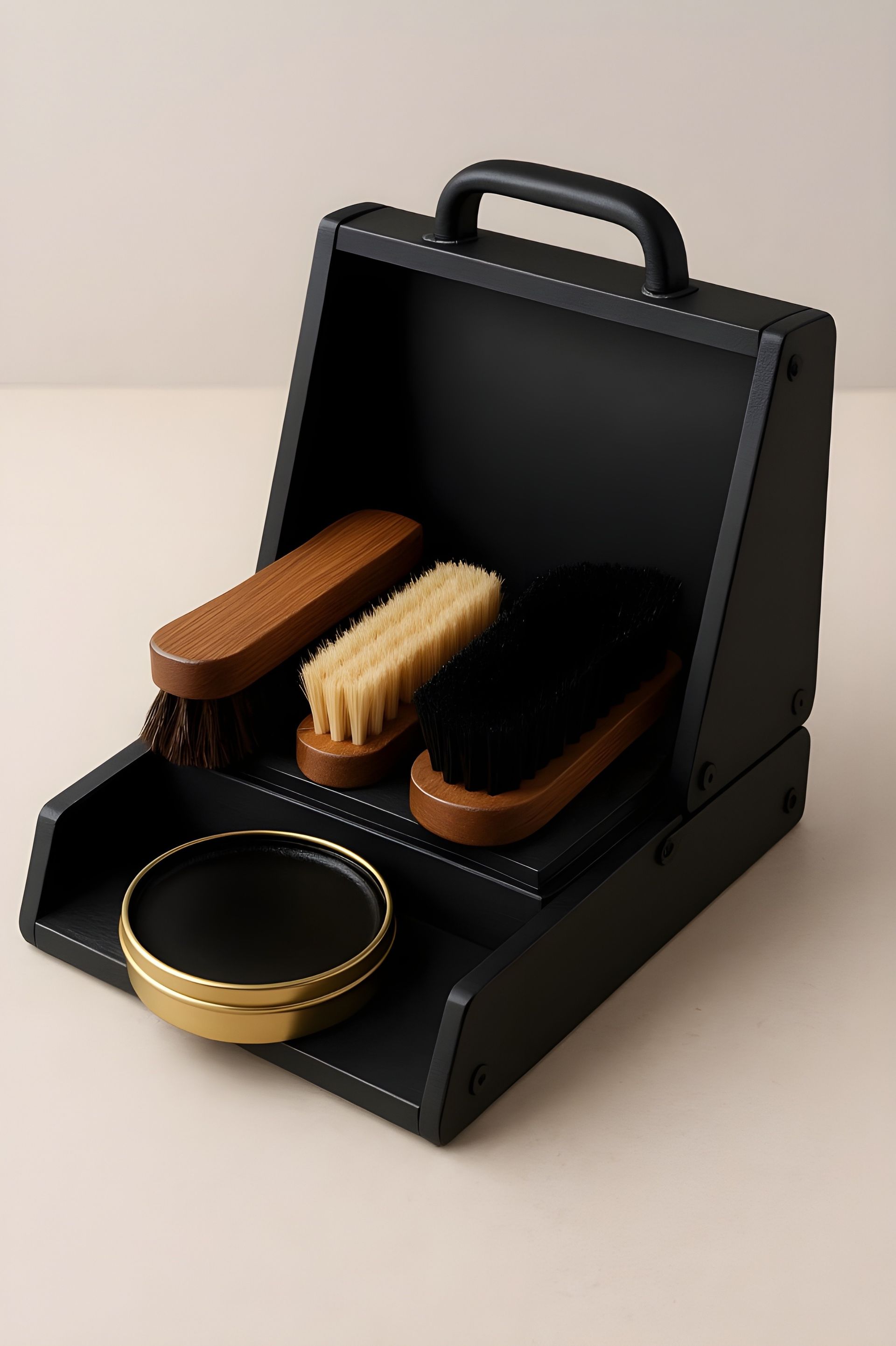 Un coffret de cirage de chaussures, compact en bois noir contenant trois brosses et une boîte de cirage, sur un fond clair uni.