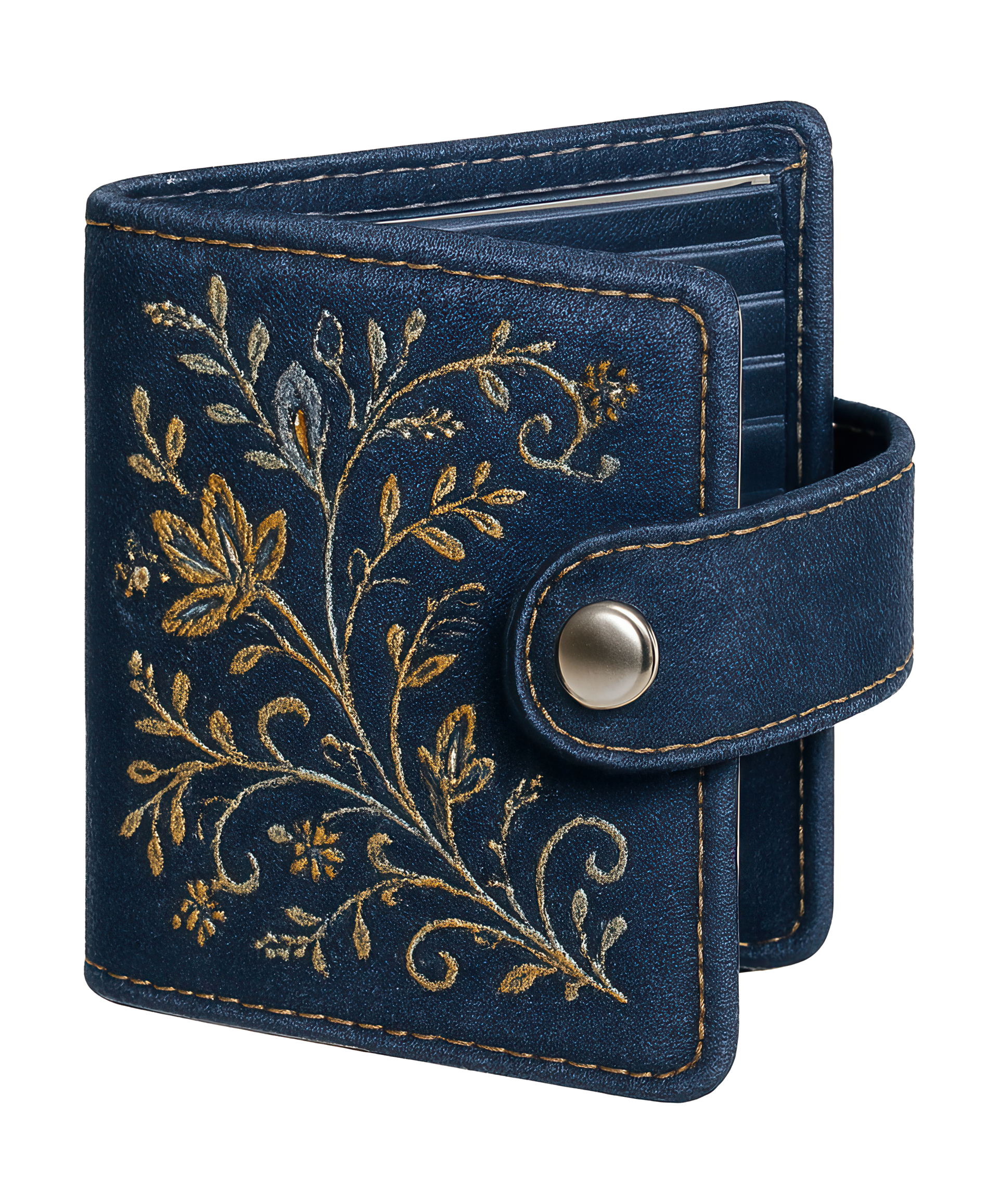 Un porte-cartes en denim bleu marine orné de broderies florales dorées et doté d'une fermeture à bouton-pression.