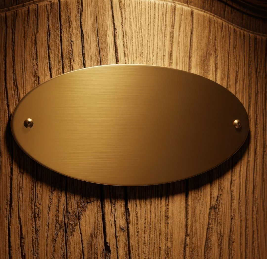 Une plaque ovale vierge en laiton brossé, fixée sur une porte en bois texturée.