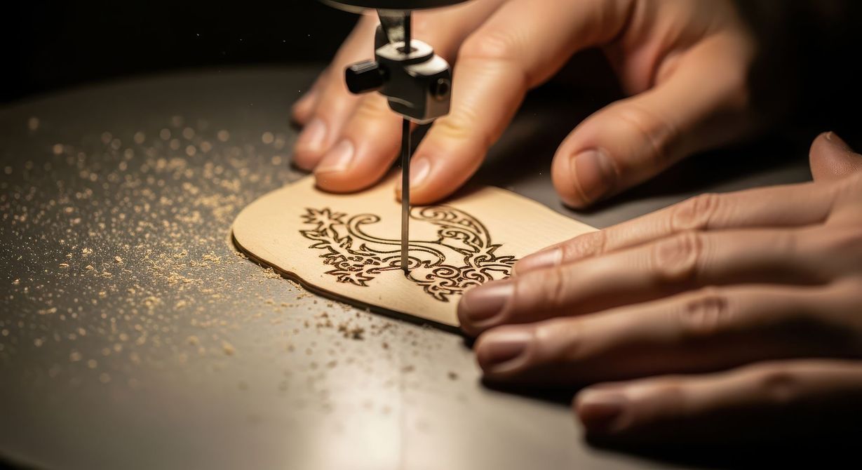 Des mains utilisent une scie à chantourner pour découper un motif décoratif complexe dans un morceau de bois clair.