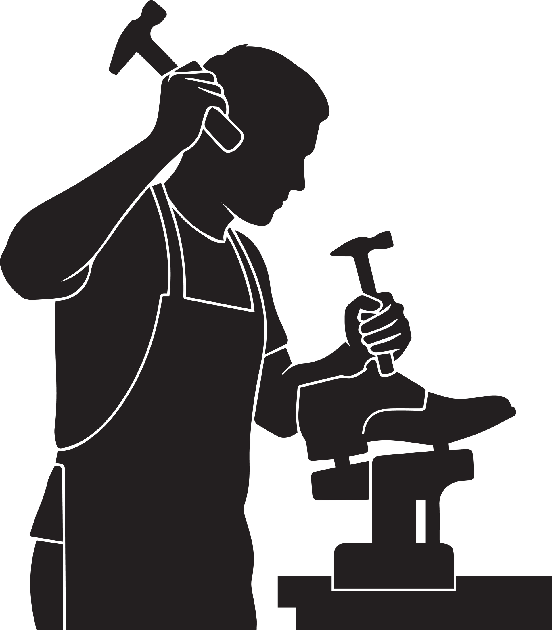 Silhouette d'un cordonnier portant un tablier, martelant une chaussure sur un support.